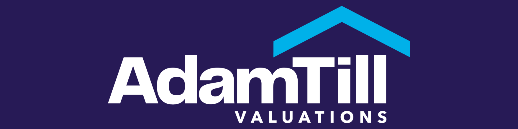 Logo for AdamTill Valuations with the company name in white text on a dark blue background. A stylized blue roof appears above the text, highlighting our expertise in RICS Valuation services.